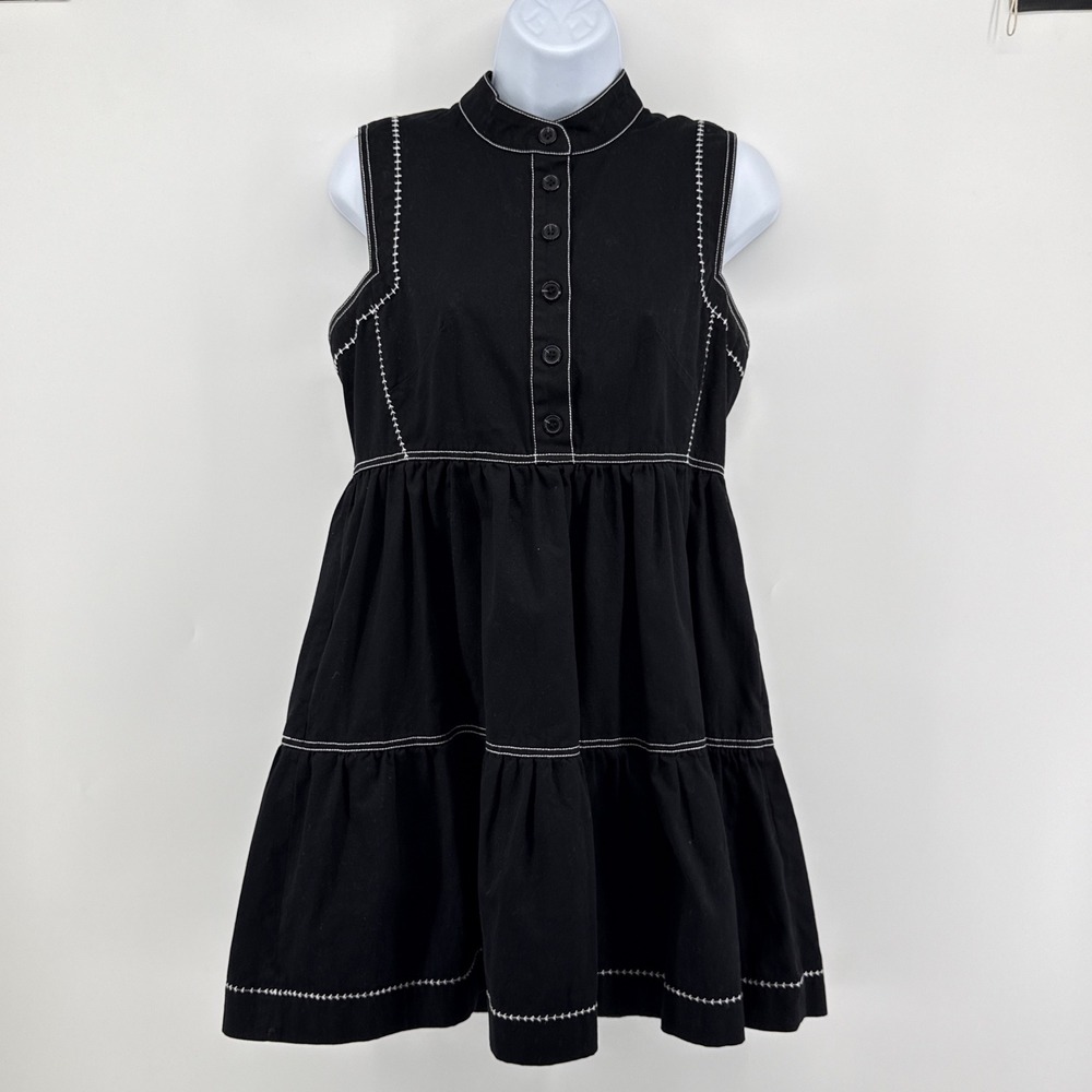 Hunter Bell Devon Black White Contrast‎ Stitch Cotton Devon Tiered Mini Dress M